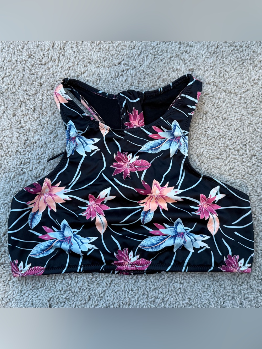 Roxy Floral High-Neck Bikini Top in Black with Pink & Blue Flowers